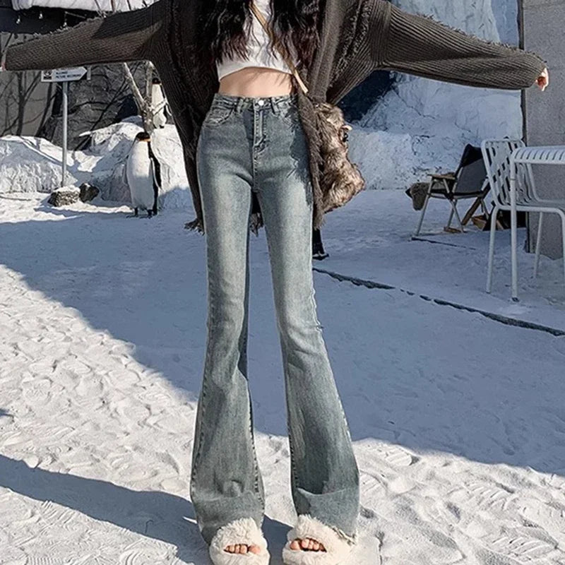 High Waist Vintage Flare Jeans Gothic Elastic Bell Bottom Pants Lady Streetwear Blue Black Grey Denim Trousers