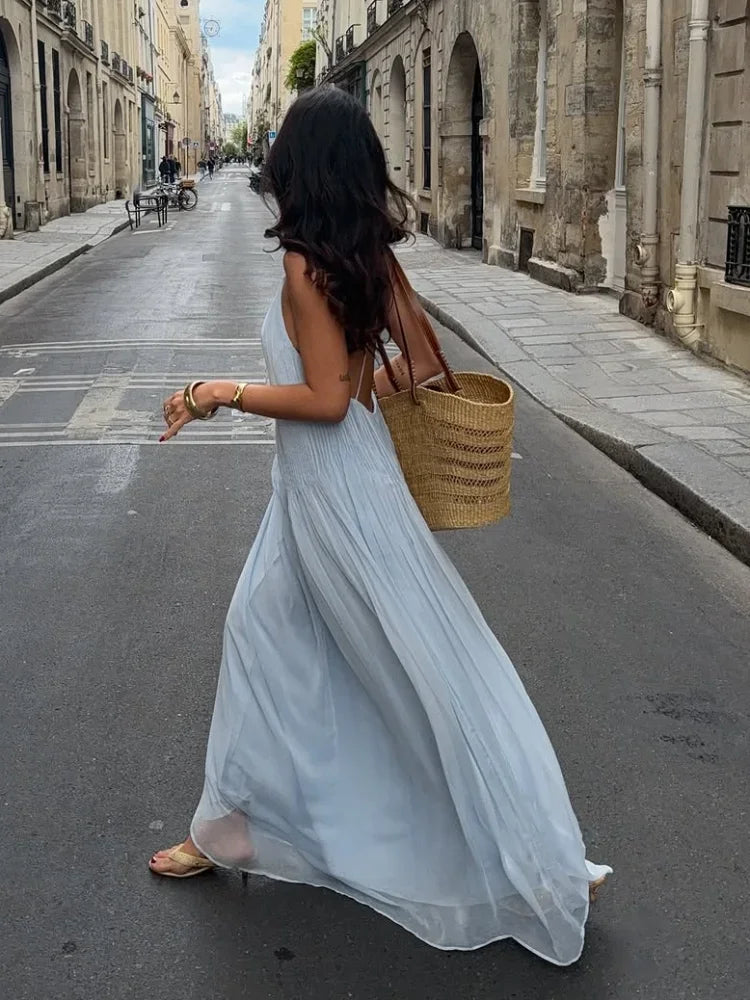 Casual Blue Pleated Sling Long Dress Elegant Sleeveless Backless Off Shoulder Slim Fit Dresses Beach Party Robe