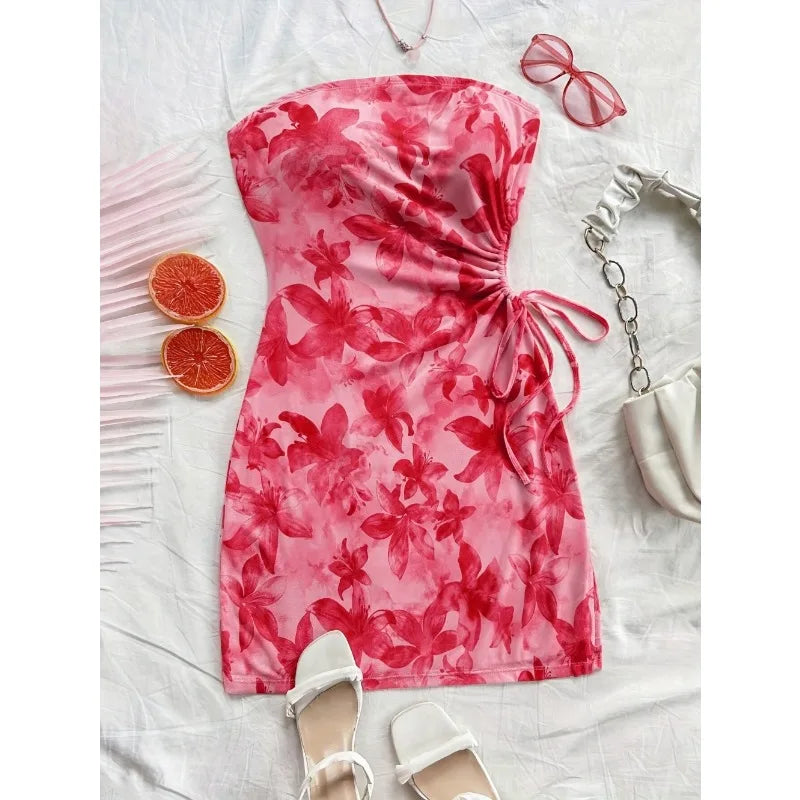 Floral Print Tube Mini Dress Strapless Backless Party Club Short Ruched Drawstring Bodycon Party Dresses Streetwear