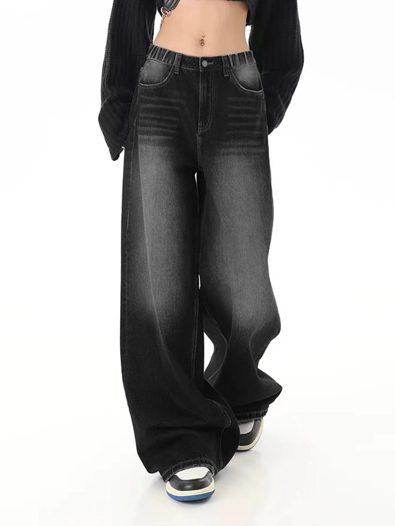 Vintage black washed loose straight-leg jeans