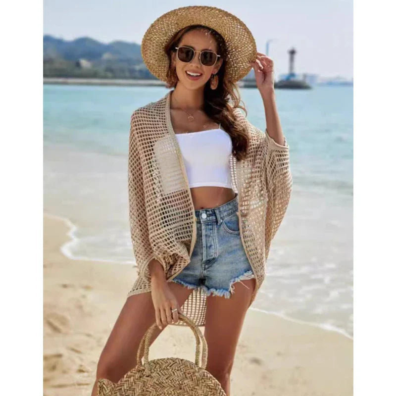 Openwork Open Front Longline Cover Up Crochet Knit Cardigan Sweater