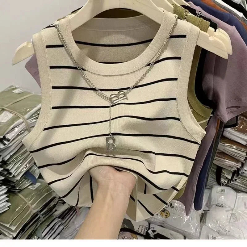 Striped Stretch Vest Basic Versatile Short Top Clothing