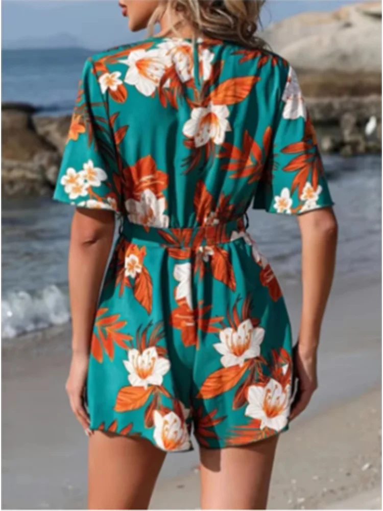 Printed V-neck Short Sleeve Jumpsuit Loose High Waisted Jumpsuit Beach Vacation Comfortable Clothes