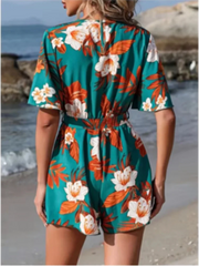 Printed V-neck Short Sleeve Jumpsuit Loose High Waisted Jumpsuit Beach Vacation Comfortable Clothes