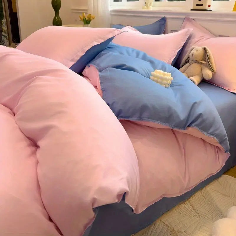 Ins Pink Plaid Bedding Set No Filler Twin Queen Size Comforter Cover Flat Sheet Pillowcase Girls Boys Solid Blanket Duvet Duvet
