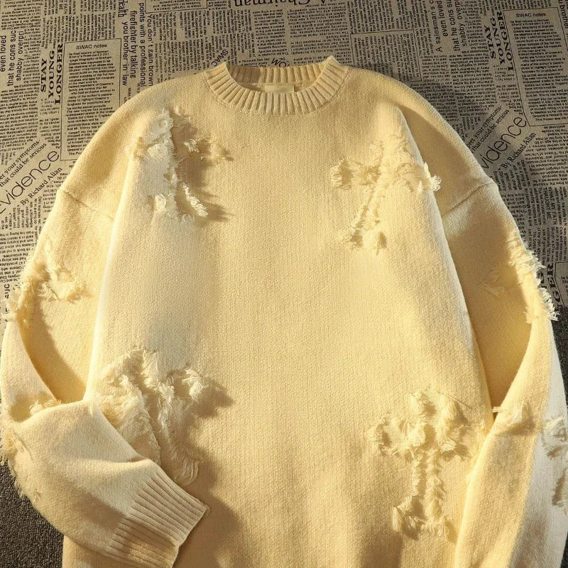 and y2k Streetwear Retro Hole Fringed Sweater Loose Versatile Sweater
