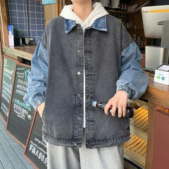 Retro Denim Jacket Design Patchwork Color Block Collar Stand up Loose Fit Casual Trendy Top