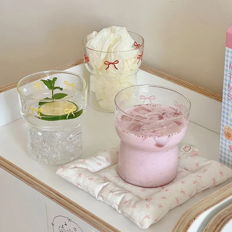 INS Pink Bow Glass Cups Iced Coffee Mug Clear Drinking Glasses Tumbler Milk Tea Juice Water Cup Dessert Cups Drinkware 260-380ML