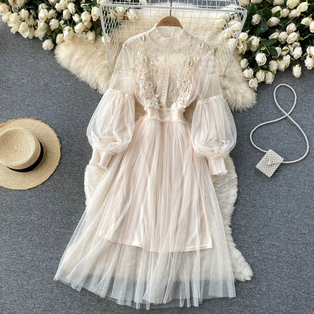 Ladies Dress Three-dimensional Flower Hook Mesh Temperament Stand Collar Lantern Sleeve High Waist Slim Dresses