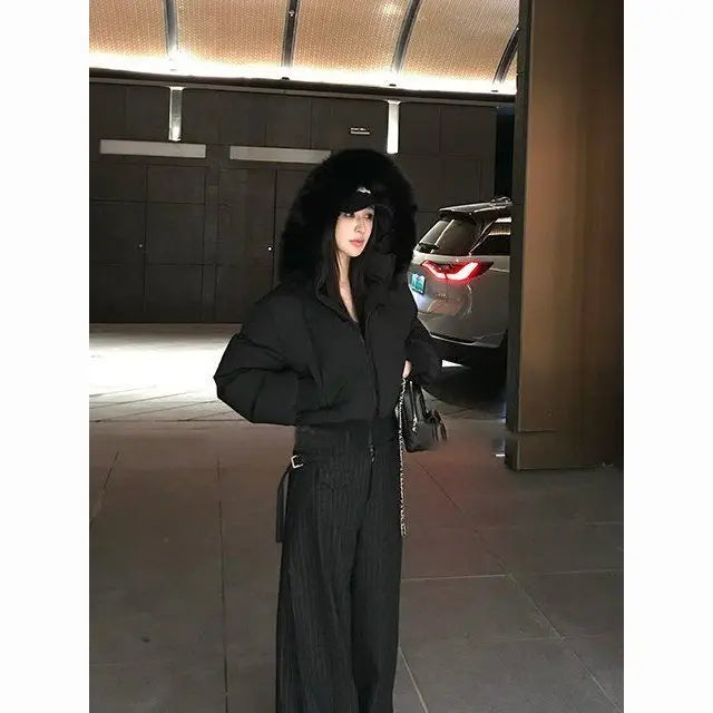 Solid Color Fur Collar Zipper Parka Jacketable Simple Trendy Zipper Short Jacket Harajuku Y2k Zipper Short Jacket