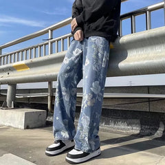 Printed Jeans Korean Styles Floral Denim Pant High Street Loose Straight Couples Trousers baggy hosen herren