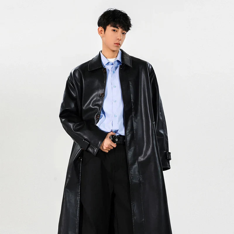 Mens PU Trench Coat Windproof Long Outerwear Jacketable Trendy Leather Coat