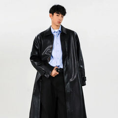 Mens PU Trench Coat Windproof Long Outerwear Jacketable Trendy Leather Coat