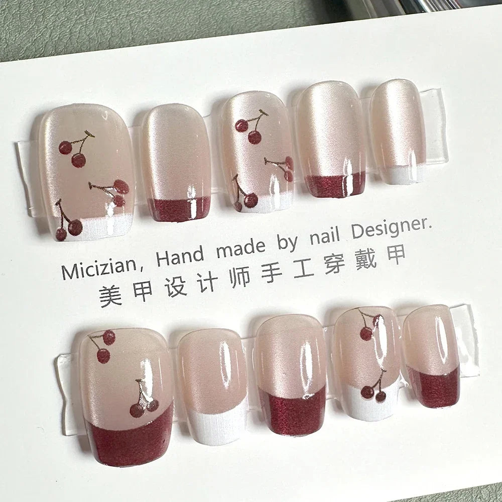 10Pcs Wearable Cat Eyes Series Short Square Press On Nails Kawaii Cartoon Cat Rabbit Rhinestone Gradients Full Cover False Nails