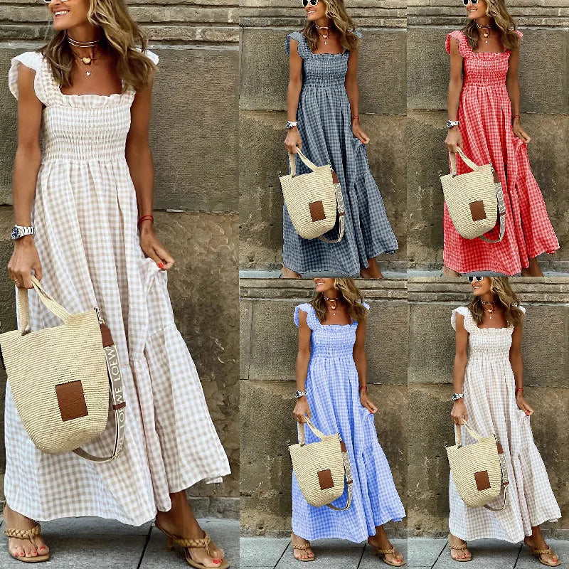 Elegant Plaid Slip Maxi Long Dress Strapless Ruffle Backless Pleated Elastic Waist Boho Party Swing Loose Dresses