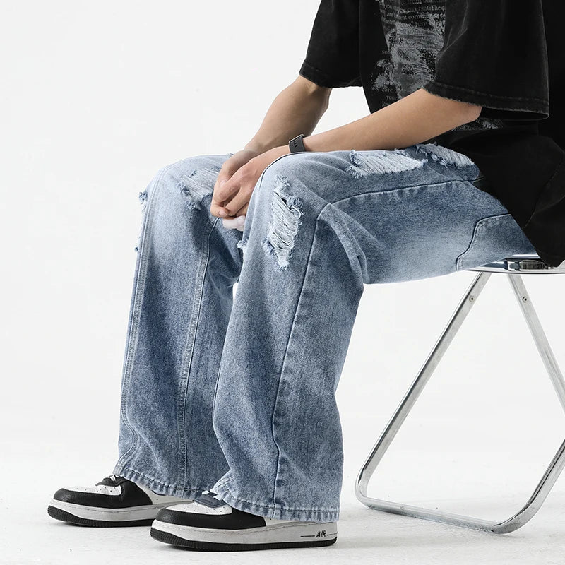 Ripped Jeans Loose Straight Leg Retro Draw Rope Port Brand All-match Casual Pants