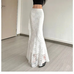 SylCue Lace Patchwork Skirts High Waist Hip-Covering Irregular Casual Creamy Sweet Style Ruched Elegant Outfits