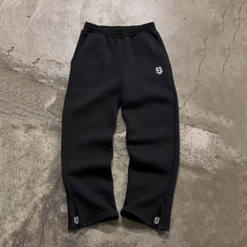 Drawstring Zipper Sweatpants Solid Color Casual High Street Hip-Hop Rap Street Y2K Style High Waist Trousers