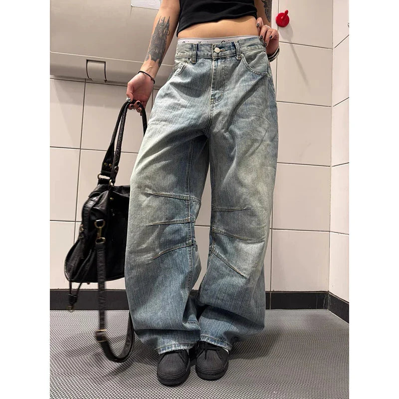 Korean Vintage Y2K 2000s Blue Washed Jeans Loose High Waisted Straight Leg Pants Clothing