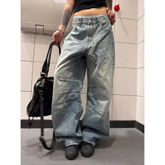 Korean Vintage Y2K 2000s Blue Washed Jeans Loose High Waisted Straight Leg Pants Clothing