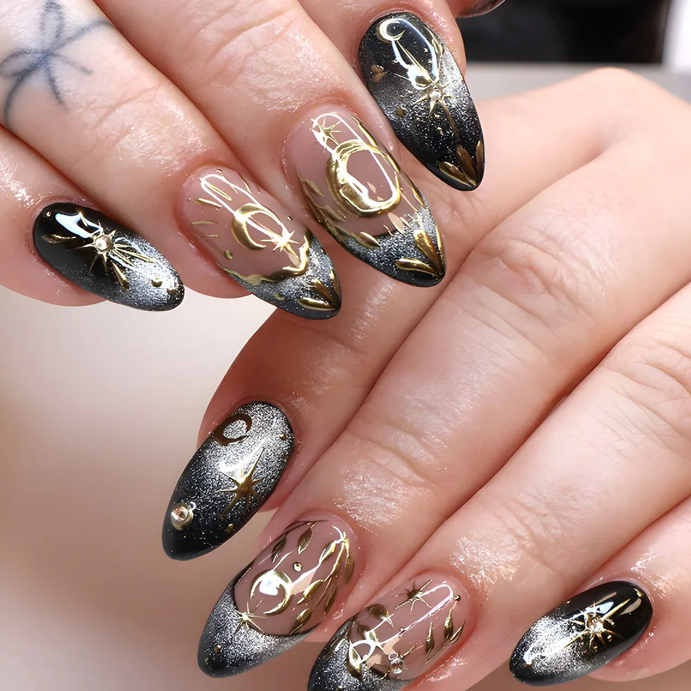 24pcs Golden Lines Patterns False Nails Dark Purple Blush French Fake Nails