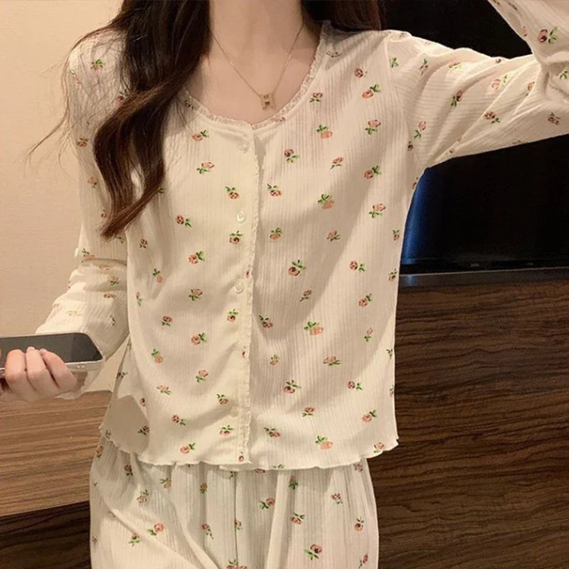 Floral Long Sleeve Fitting Sleepwear Two-piece Set Lace Trim Cotton Pajama Cute Casual Outable Home Suit Set