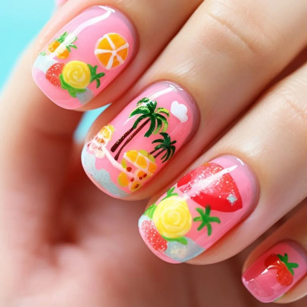 24pcs Cute Cartoon Fake Nail Tips Oil Painting Series Printed Almond Press On Nail Sweet Cool Charming False Nail