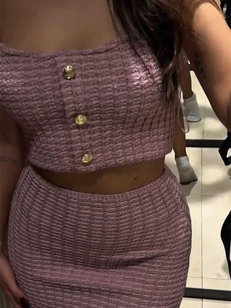 Elegant Knitted Two Pieces Set Single-breasted Tube Top Hip Package Pockets Shorts Casual Lady Suit