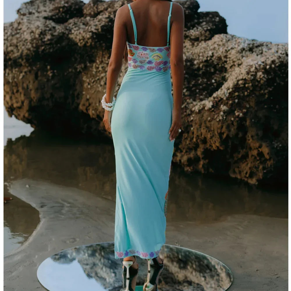 y2k Vintage Starfish Sequins Maxi Dress Sleeveless Bodycon Tank Dress Backless Beach Party Long Dresses