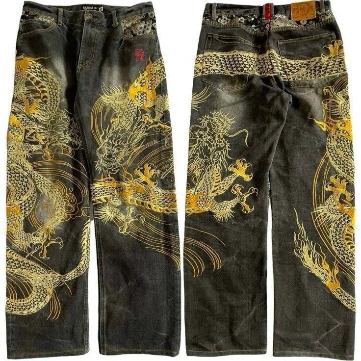 Unisex White Red Tribal Flame Print Loose Wide Leg Jeans Y2K Grunge Streetwear Oversized Denim Pants