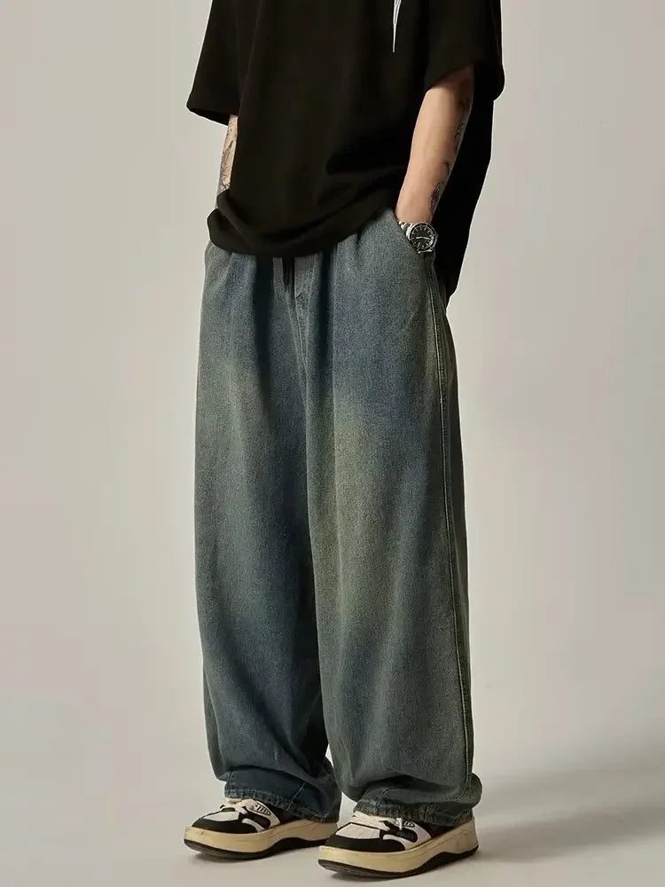 Japanese Vintage Distressed Jeans Loose Straight Leg Bell Bottoms Casual Trousers Trendy Brand High Street Style