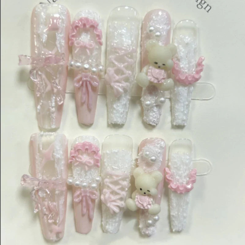 10PCS Cute Pink Blue Lolita French Lace Handmade Press On Nails 3D Teddy Bear Bow Pearl Fake Nails Sweet Elegant Long Nail Art