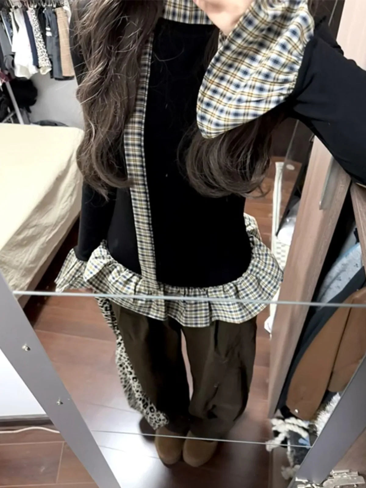 Retro American Style Plaid Long Sleeve T-Shirt Slim Fit Design Sensation Weight Loss Versatile Top Fake Two-Piece