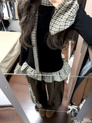 Retro American Style Plaid Long Sleeve T-Shirt Slim Fit Design Sensation Weight Loss Versatile Top Fake Two-Piece