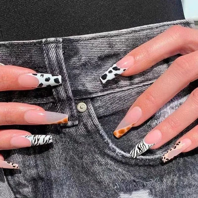 24Pcs Long Coffin Leopard Print False Nails with Glue Sweet Cool Diamond Fake Nail Set Floral French Press on Wearable Nail Tips