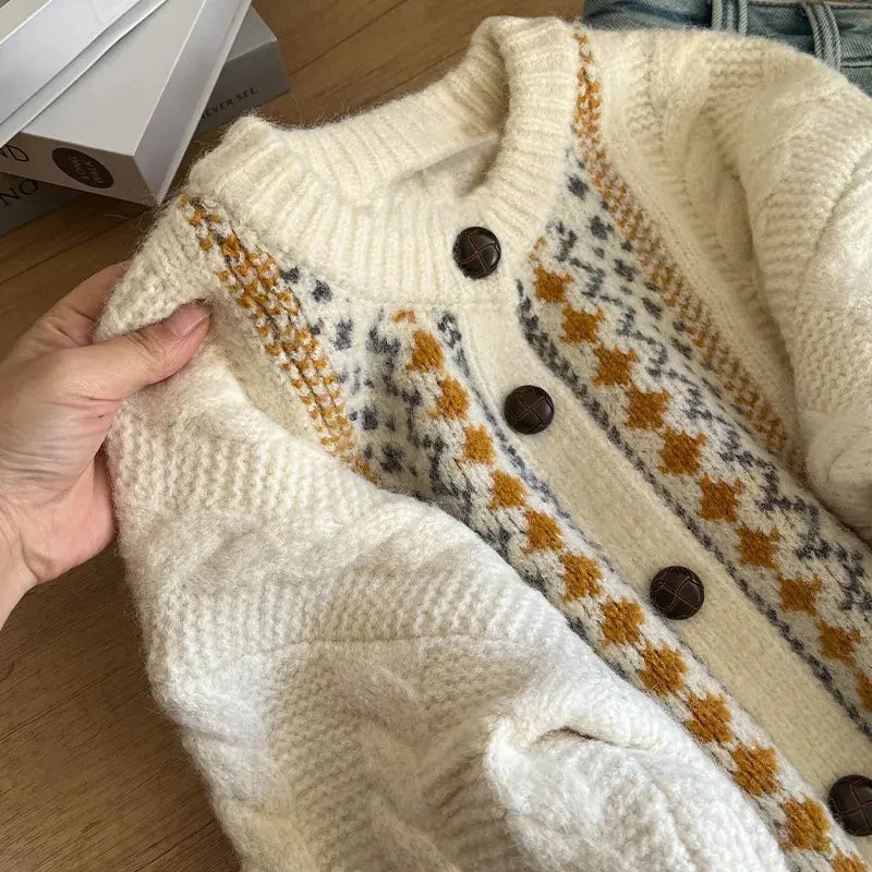 Vintage Jacquard Knit Cardigan Loose Casual Lazy Wind Print Button Pullovers Korean Long Sleeve Baggy Outwear