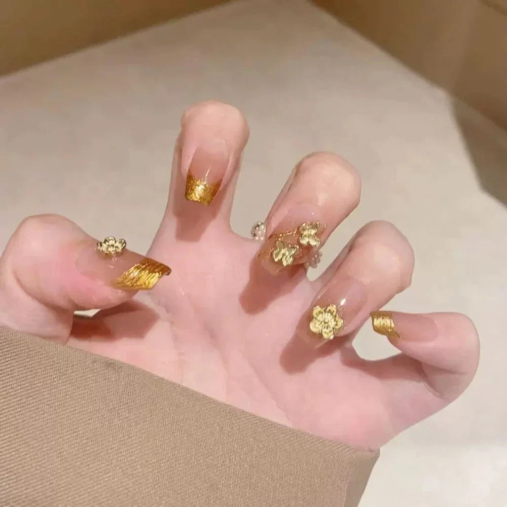 10Pcs Gentle Handwork Press On Nails French Style Flowers Butterfly Rhinestone Pearl Design Detachable False Nails Gift