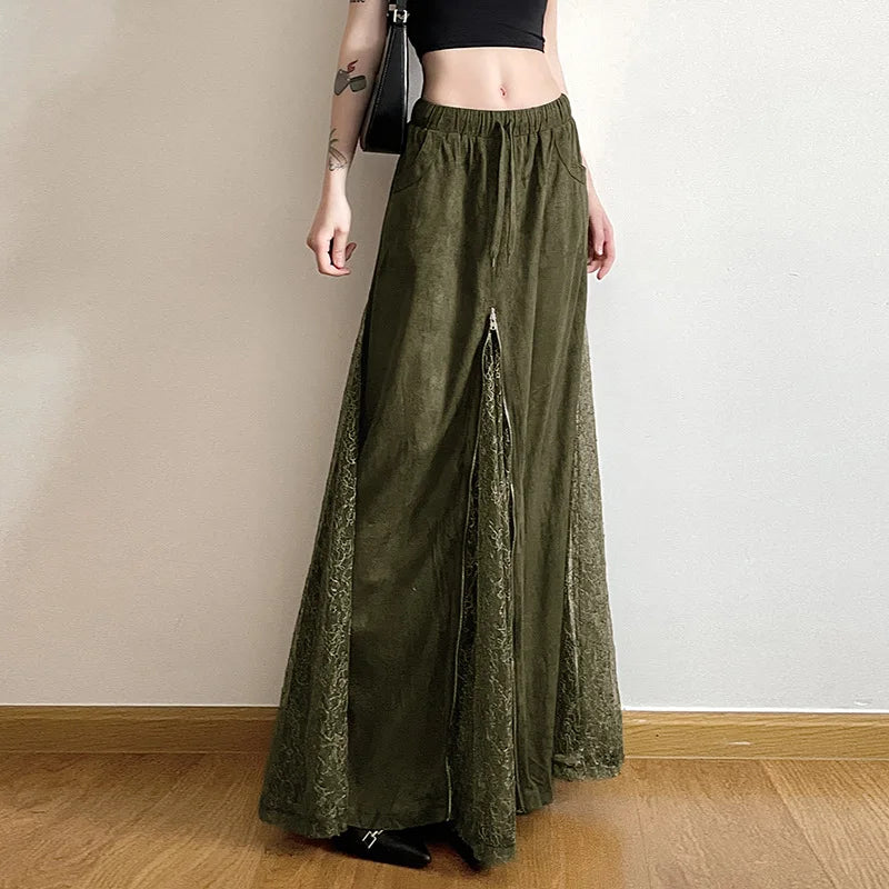 Vintage Suede Nap Lace Patchwork Hem Zip Long Skirt Cyber Y2K Chic Drawstring Pocket A-line Skirts Lady Grunge Streetwear