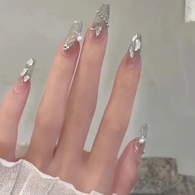 24Pcs Almond Pure Handmade Press On Nails Full Cover Butterfly French Pearl Diamond False Nails Wearable Manicure Nail Tips Art