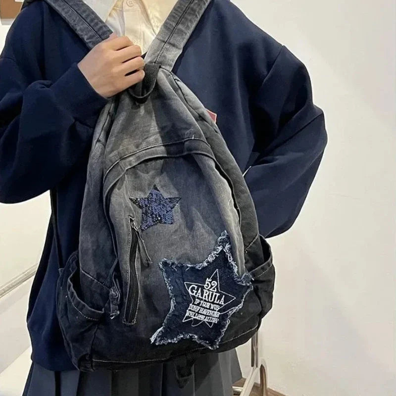 Gray Denim Backpack Leisure Travel Outing Shoulder Bag Schoolbags Suitable