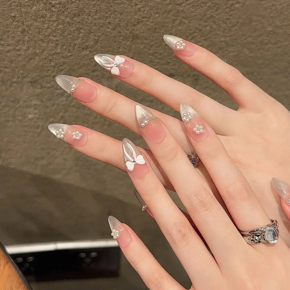 Handmade Press on Nails Sweet Bowknot Pearl Decor French Fake Nails