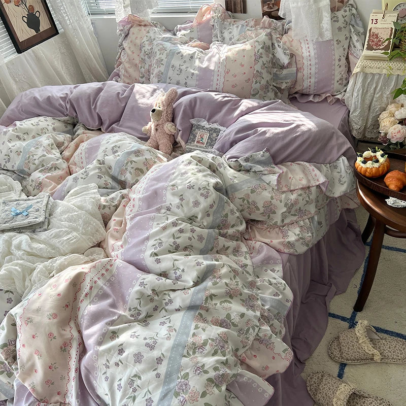 3/4Pcs Korean Princess Style Floral Ruffles Bedding Set Skin-friendly Soft Duvet Cover Set Bed Sheet Or Bed Skirt Pillowcases