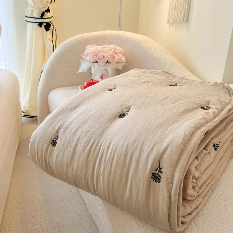 Japanese Minimalism Skin-friendly Blanket Breathable Single Double Duvet Washed Embroidered Comforter Thin Quilt