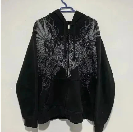 Y2K American High Street Washing Zipper Hooded Sweater Retro Harajuku Loose Hooded Top Clothing