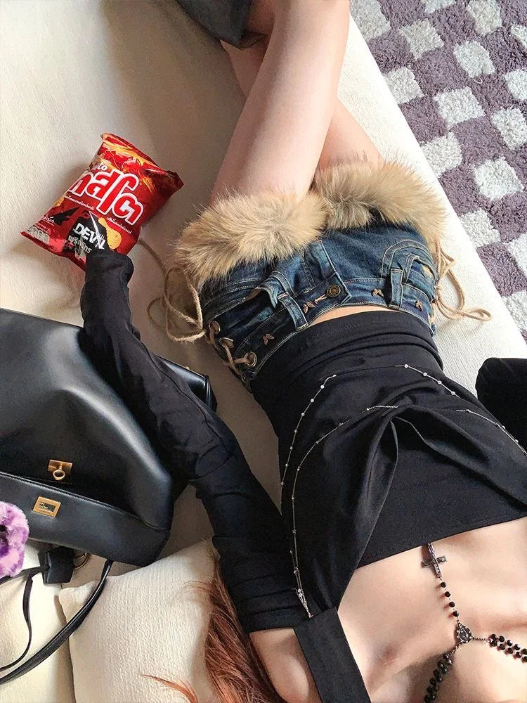 Retro Design Fluffy Splicing Jeans Shorts Y2k Low-rise Strap Slim Pants