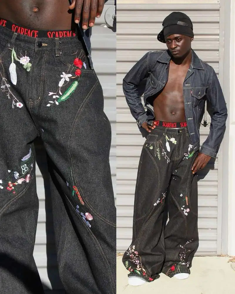 Y2K Baggy Jeans splicing Floral Seams embroidered jeans Gothic Hip Hop Harajuku Casual wide leg Jeans