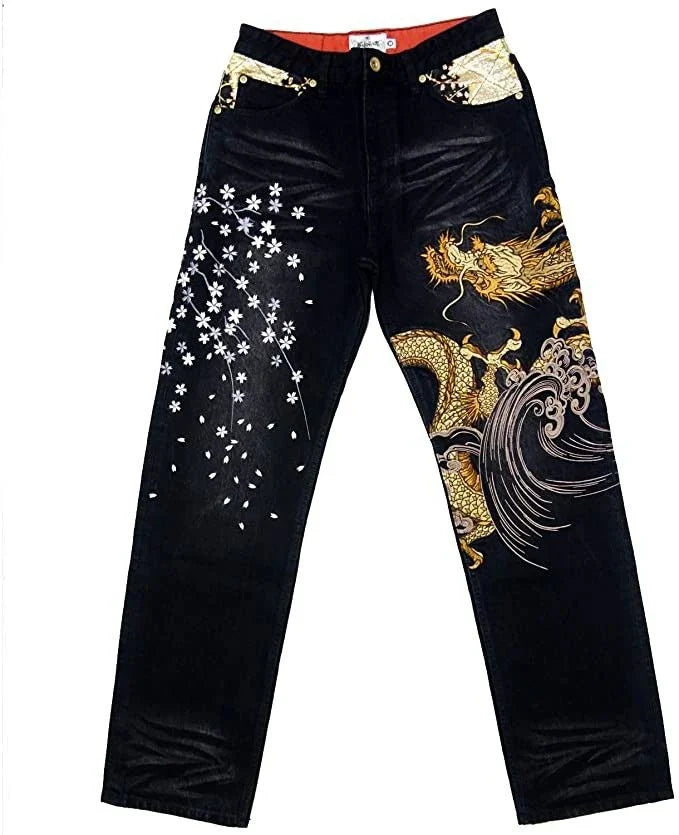 Unisex White Red Tribal Flame Print Loose Wide Leg Jeans Y2K Grunge Streetwear Oversized Denim Pants