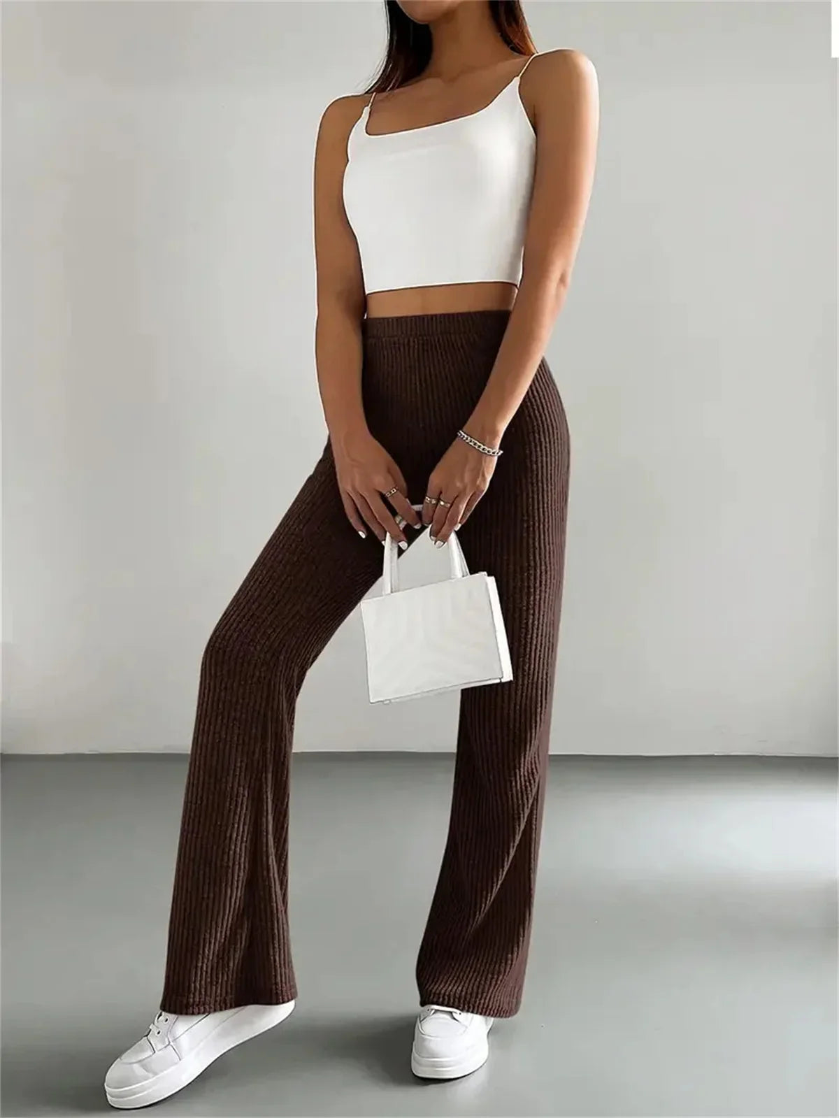Ribbed Knitted Flare Pant Fashon Slim Solid High Waist Trousers Casual Street Vintage Chic Pants