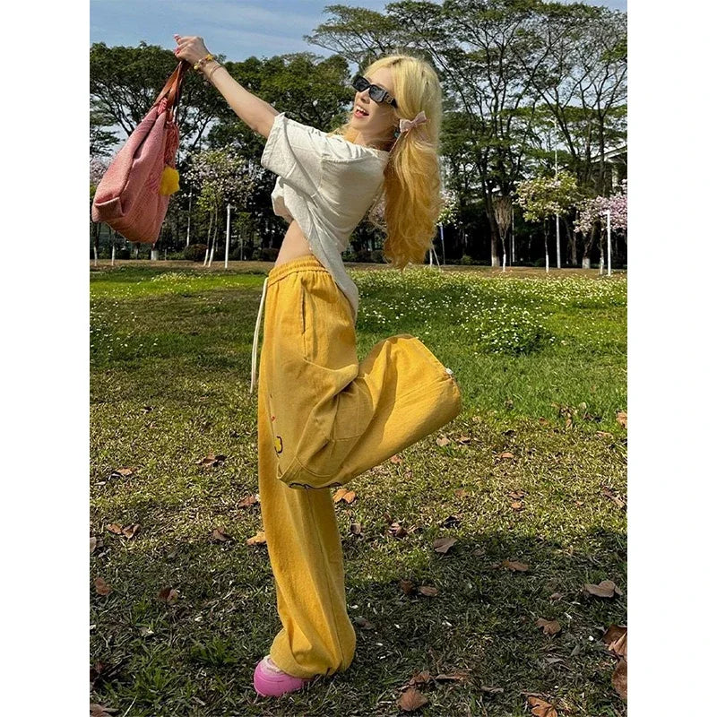 Y2K Cargo Pants Oversized Embroidery Sweatpants Harajuku High Waist Wide Leg Joggers Streetwear Korean Baggy Trousers New