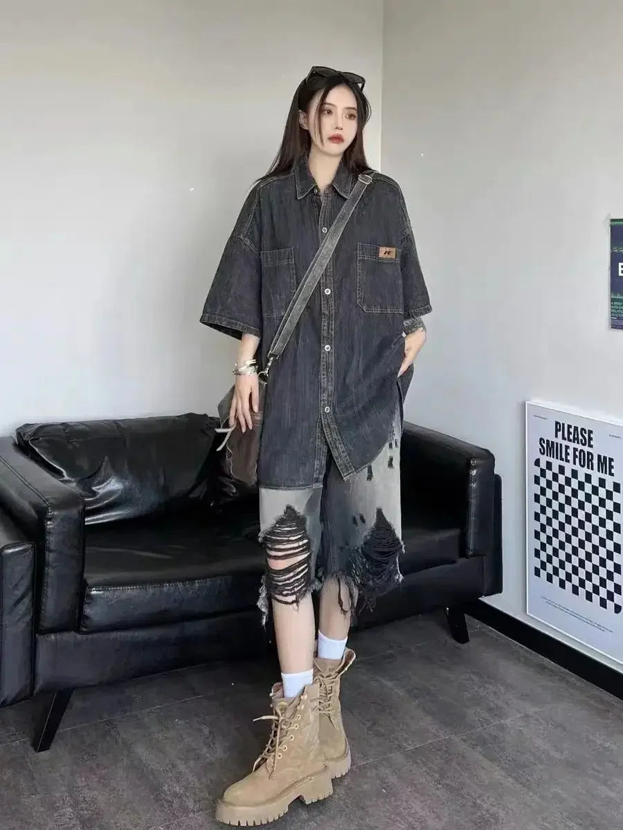 American High Street Washed Gradient Ripped Retro Old Size Denim Loose Shorts baggy jeans women